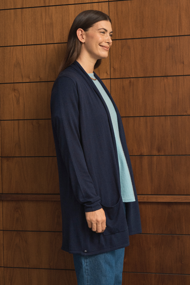Navy Longline Silk Cashmere Cardigan