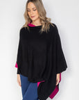Black and Rouge Cashmere Reversible Poncho - Cara Cashmere