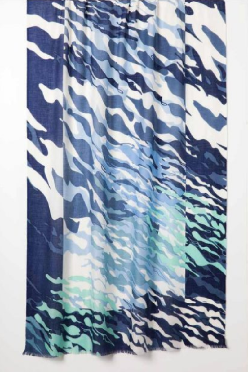 Cashmere Silk Blues Abstract Waves Scarf - Cara Cashmere