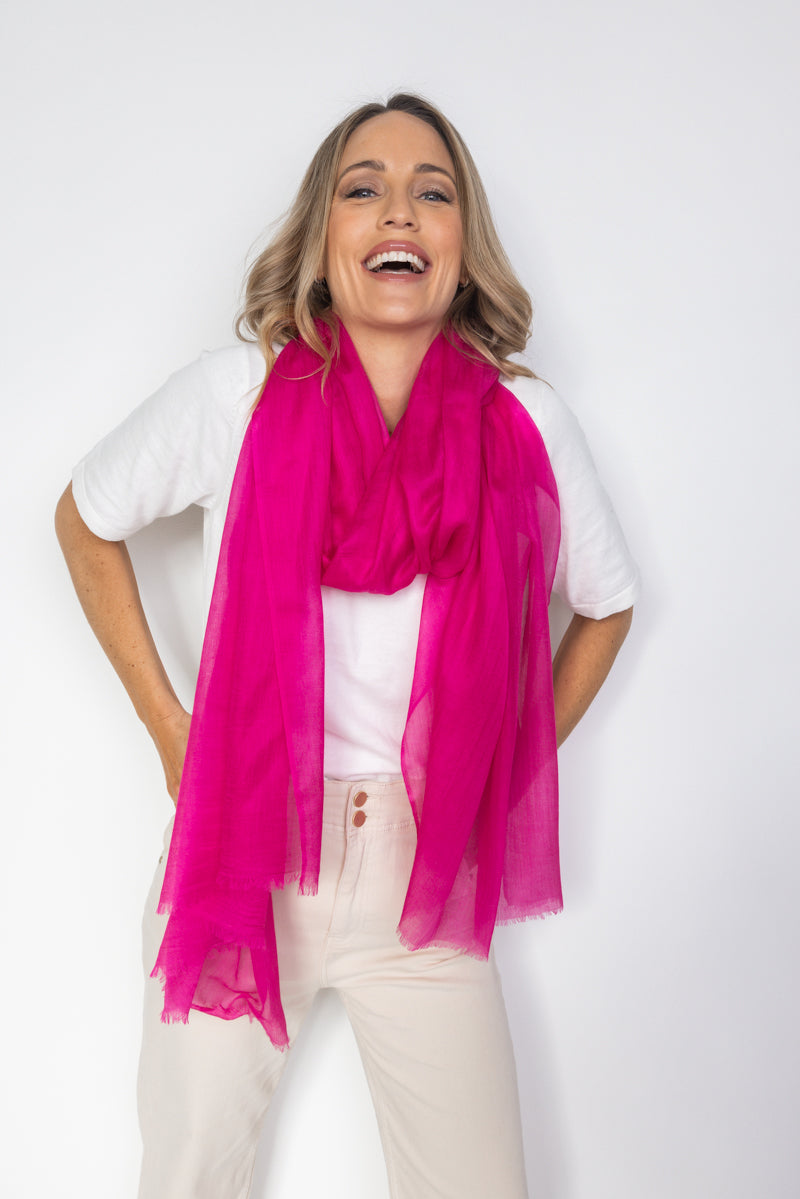 Bright Pink Aura Cashmere Scarf PRE-ORDER with FREE Camellia Brooch - Cara Cashmere