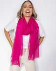 Bright Pink Aura Cashmere Scarf PRE-ORDER with FREE Camellia Brooch - Cara Cashmere