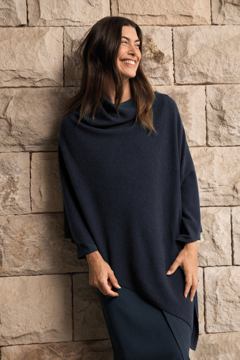 Dark Navy Cashmere Poncho, 100 Percent A Grade Cara Cashmere