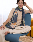Cashmere Silk Charcoal Blue Midnight Garden Scarf - Cara Cashmere