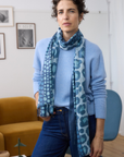 Cashmere Silk Indigo Blues Spotted Leopard Scarf - Cara Cashmere