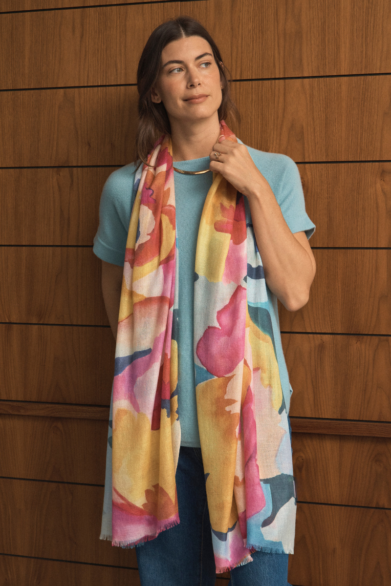 Cashmere Silk Painterly Peony Scarf - Cara Cashmere