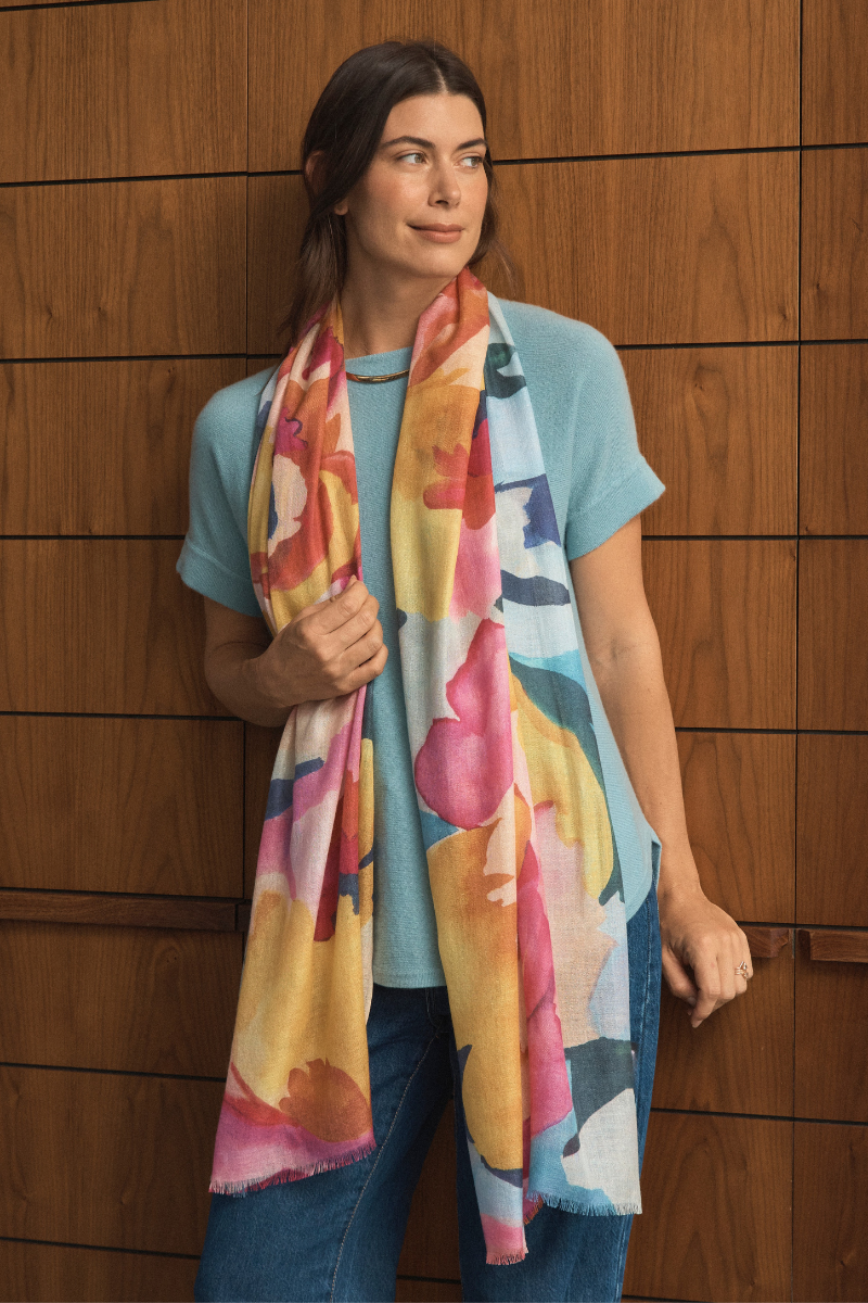 Cashmere Silk Painterly Peony Scarf - Cara Cashmere