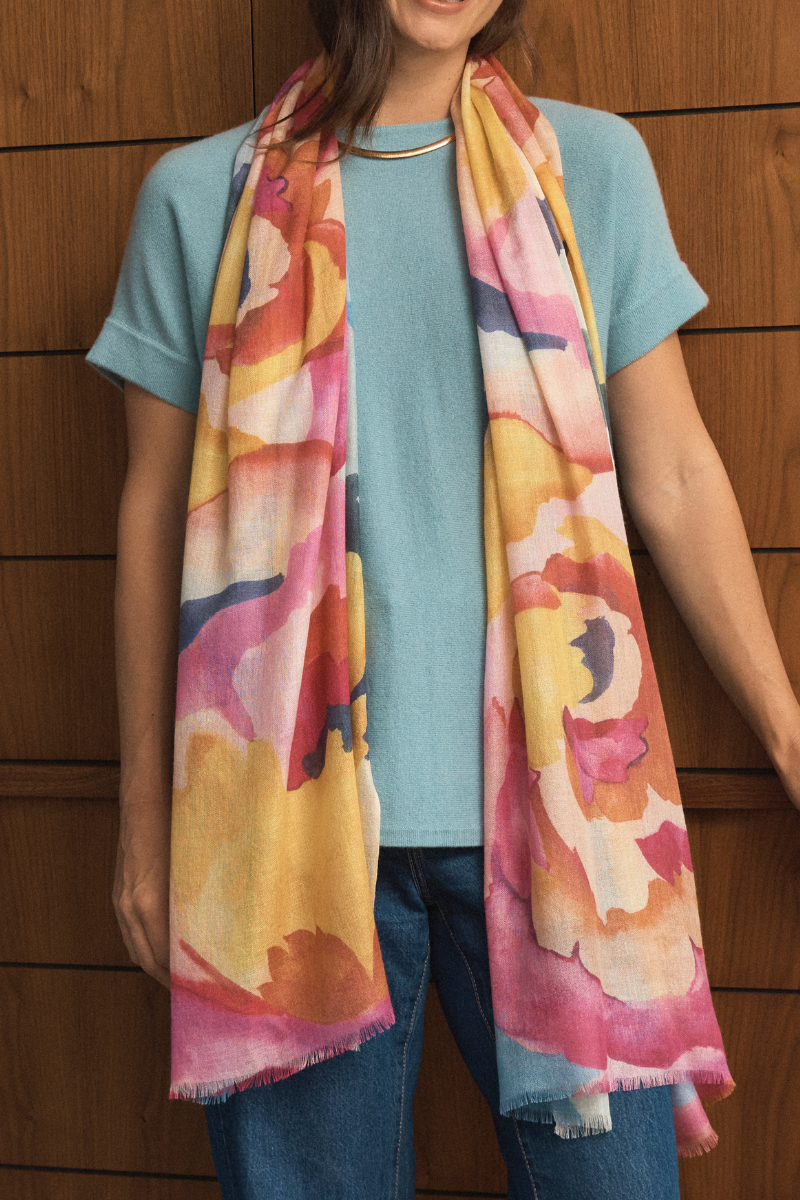Cashmere Silk Painterly Peony Scarf - Cara Cashmere