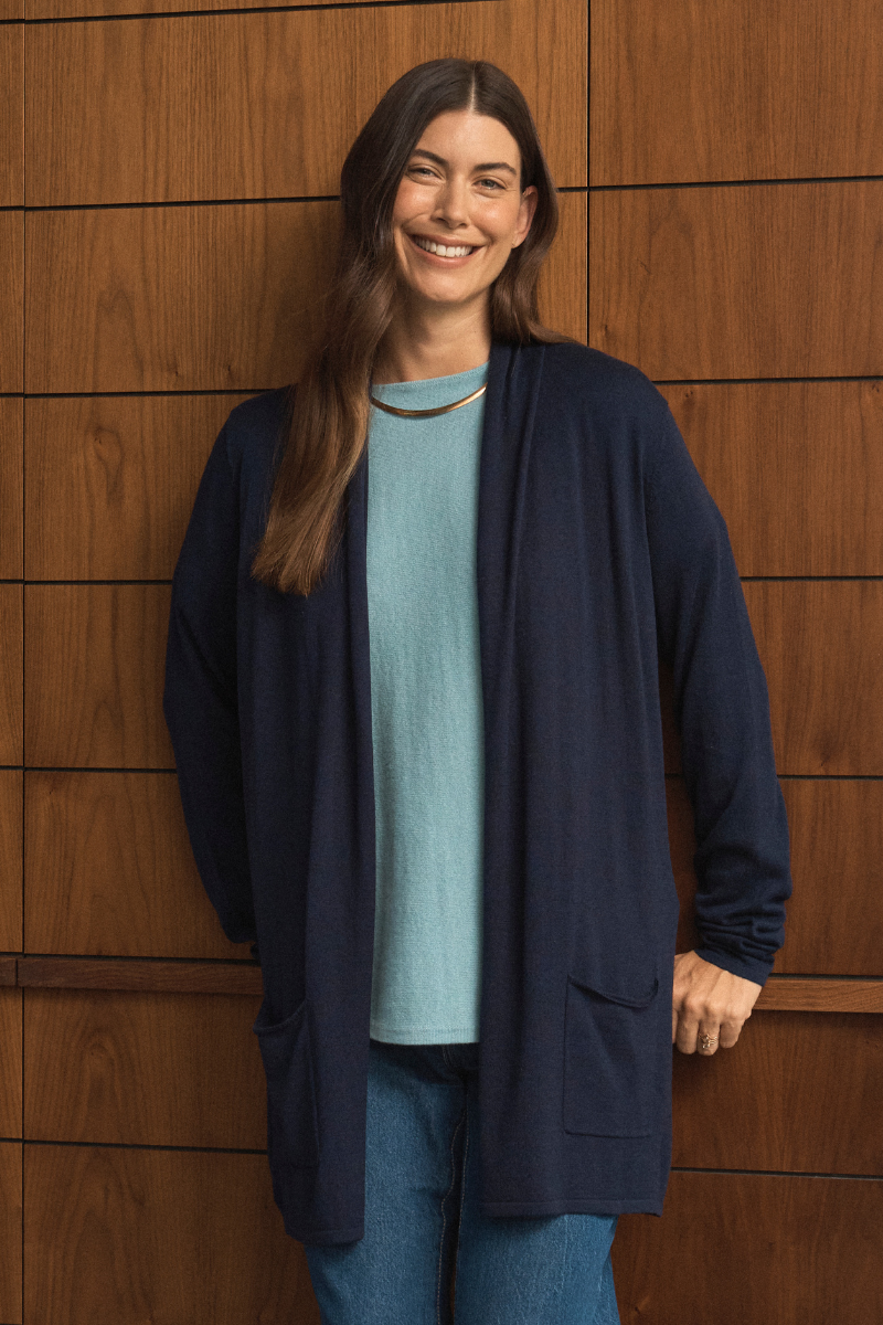 Silk Cashmere Longline Cardigan in Navy Timeless Luxury – Cara