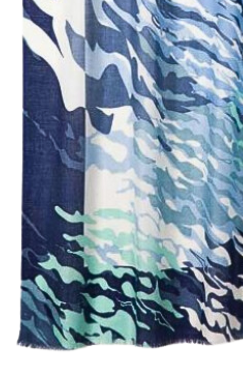 Cashmere Silk Blues Abstract Waves Scarf - Cara Cashmere