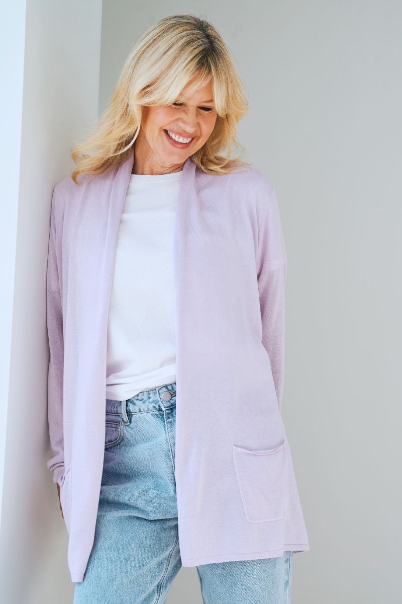 Silk Cashmere Longline Cardigan in Pale Lilac Cara Cashmere