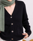 Cashmere Black Allure V Neck Cardigan Knit elegant black cashmere cardigan featuring a relaxed silhouette and timeless European-inspired knit styling