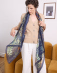 Cashmere Caramel Allure V Neck Cardigan Knit soft caramel cashmere V-neck cardigan with button front and relaxed fit styled with a printed scarf for effortless elegance