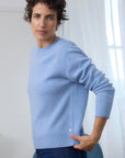 Cashmere Soft Blue Serene Crew Sweater soft blue cashmere crew knit with a relaxed silhouette and ribbed trims for effortless everyday elegance