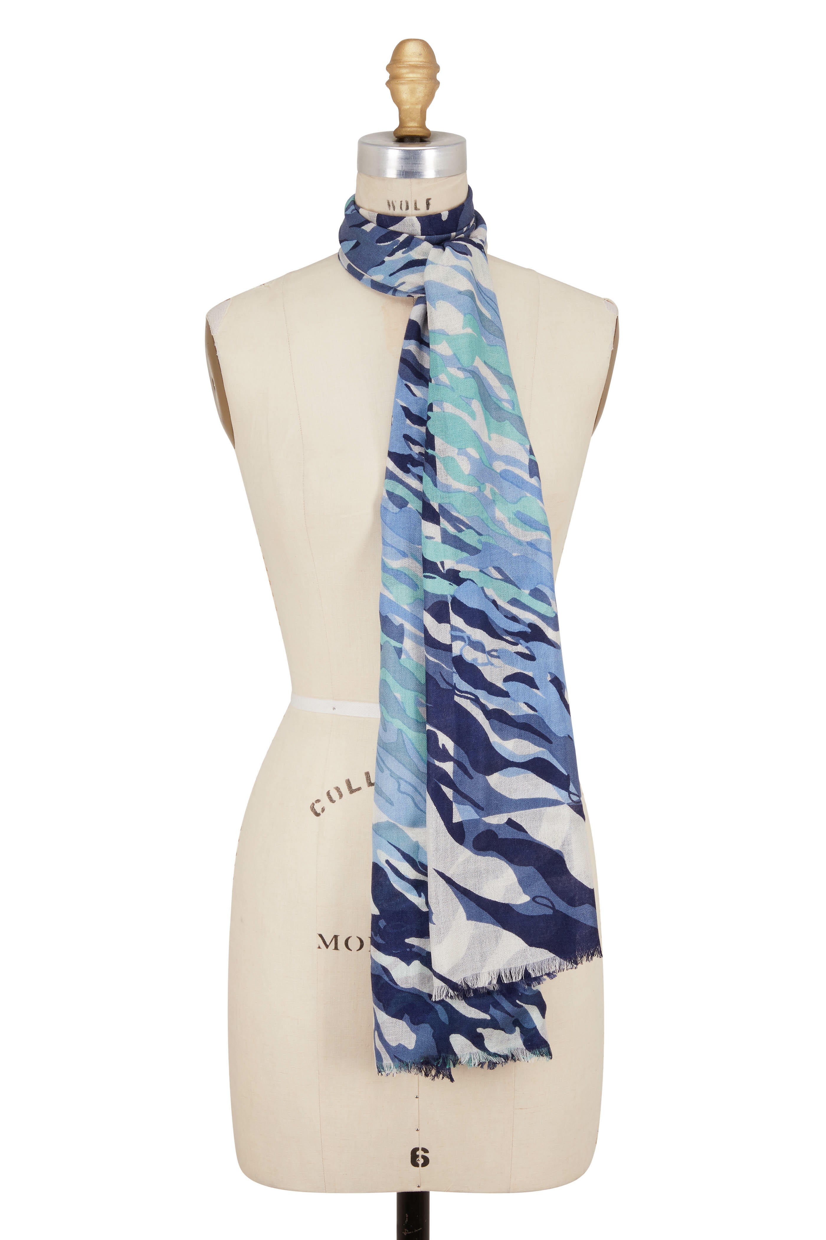Cashmere Silk Blues Abstract Waves Scarf - Cara Cashmere