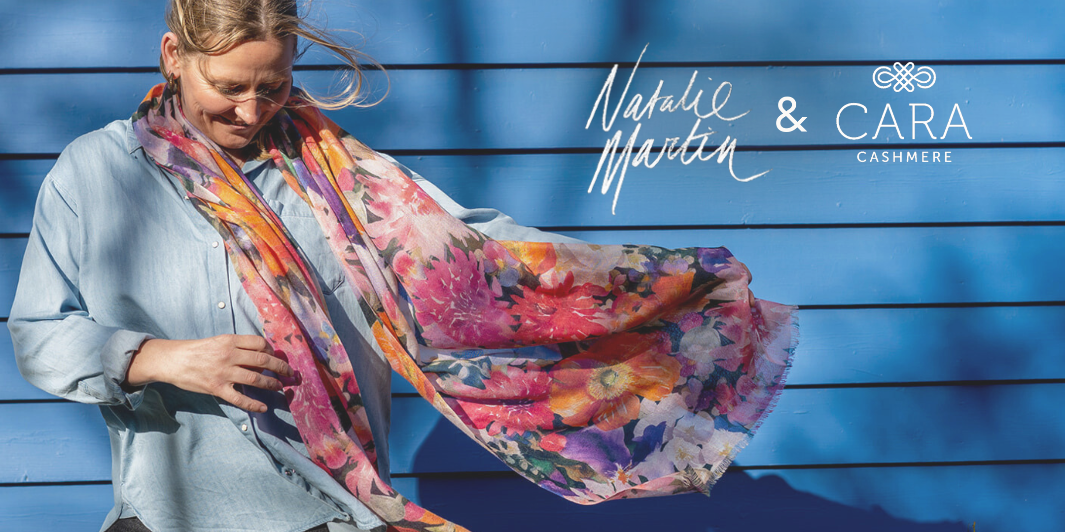NATALIE MARTIN ARTIST WEARING A SCARF FROM THE COLLABORATION
