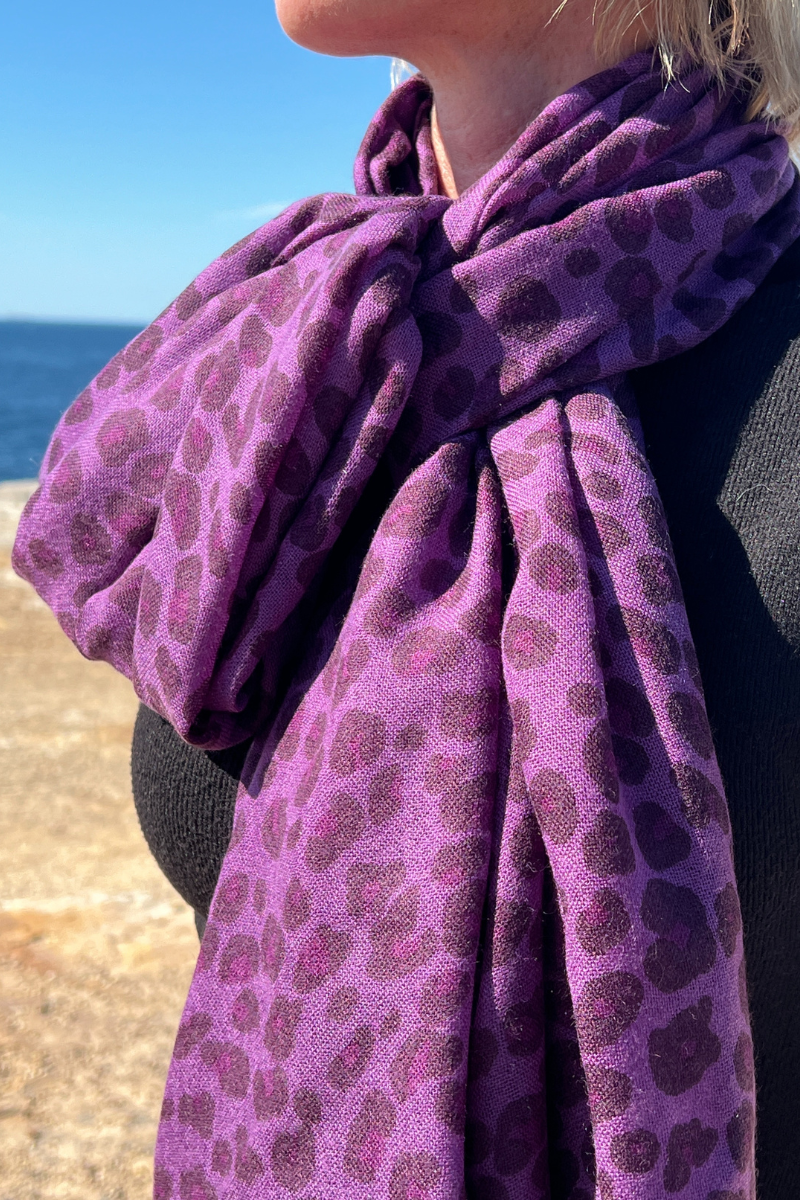 Cashmere Leopard Passion Purple Scarf - Cara Cashmere