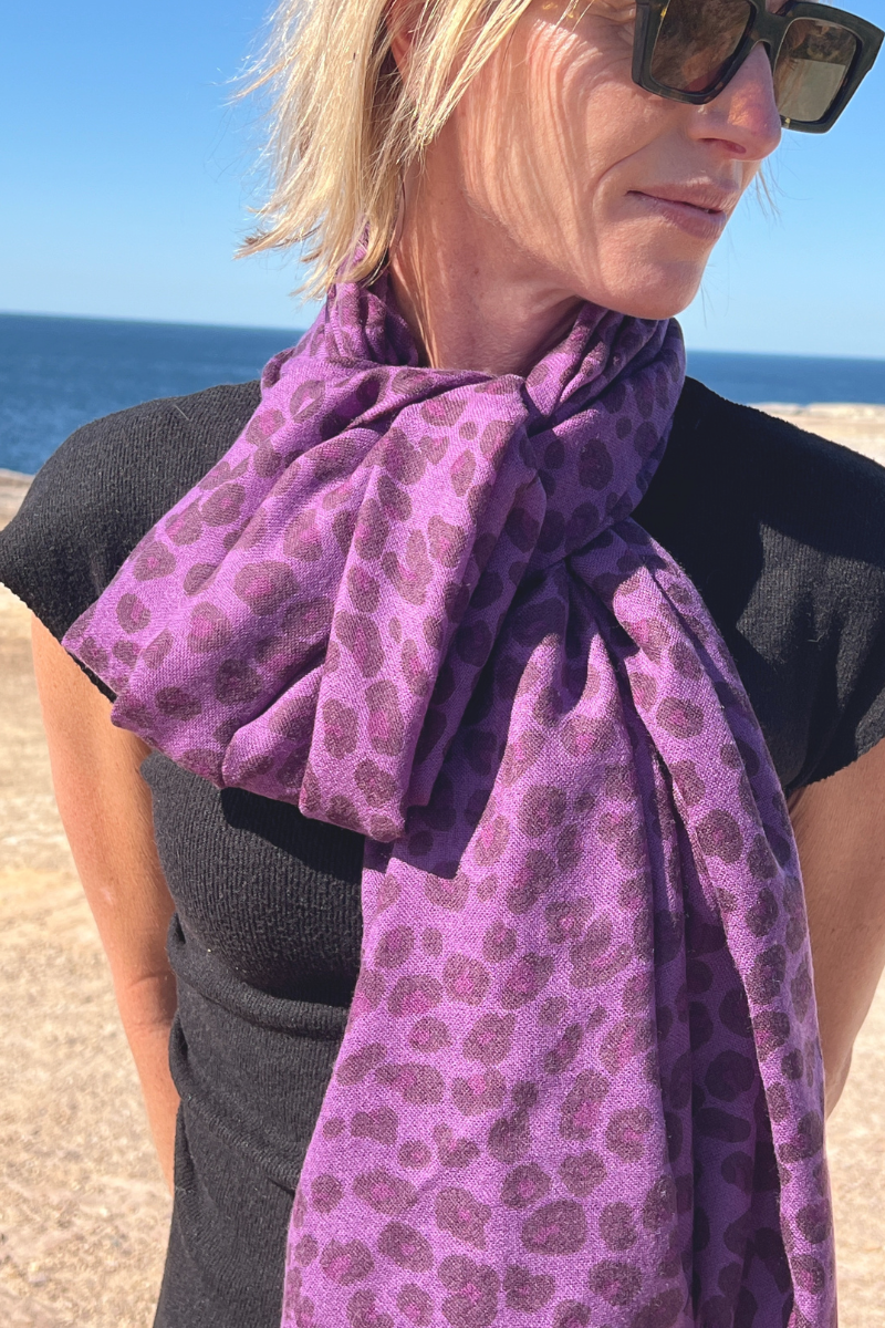 Cashmere Leopard Passion Purple Scarf - Cara Cashmere