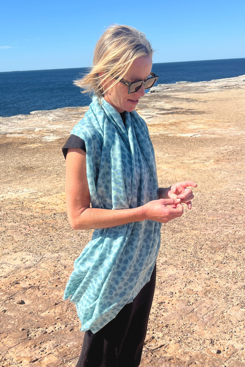 Cashmere Ice Blue Leopard Scarf - Cara Cashmere
