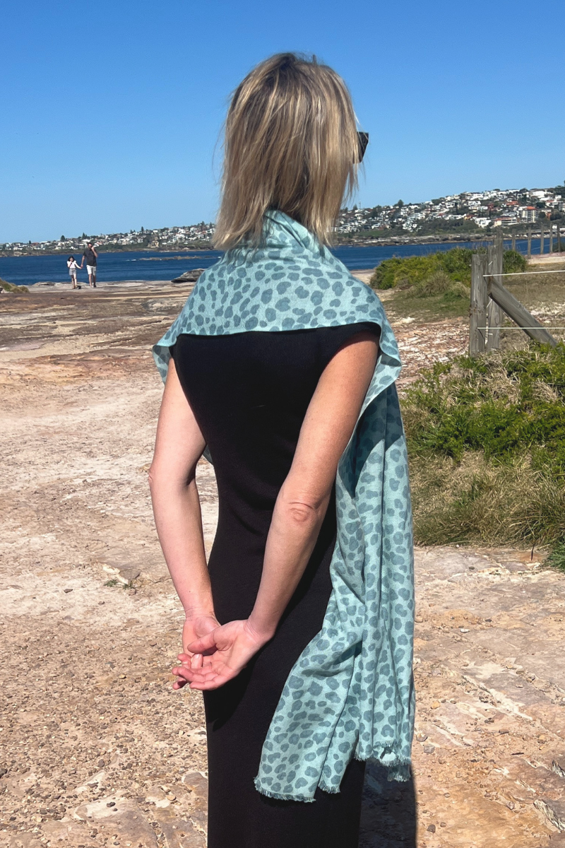 Cashmere Ice Blue Leopard Scarf - Cara Cashmere