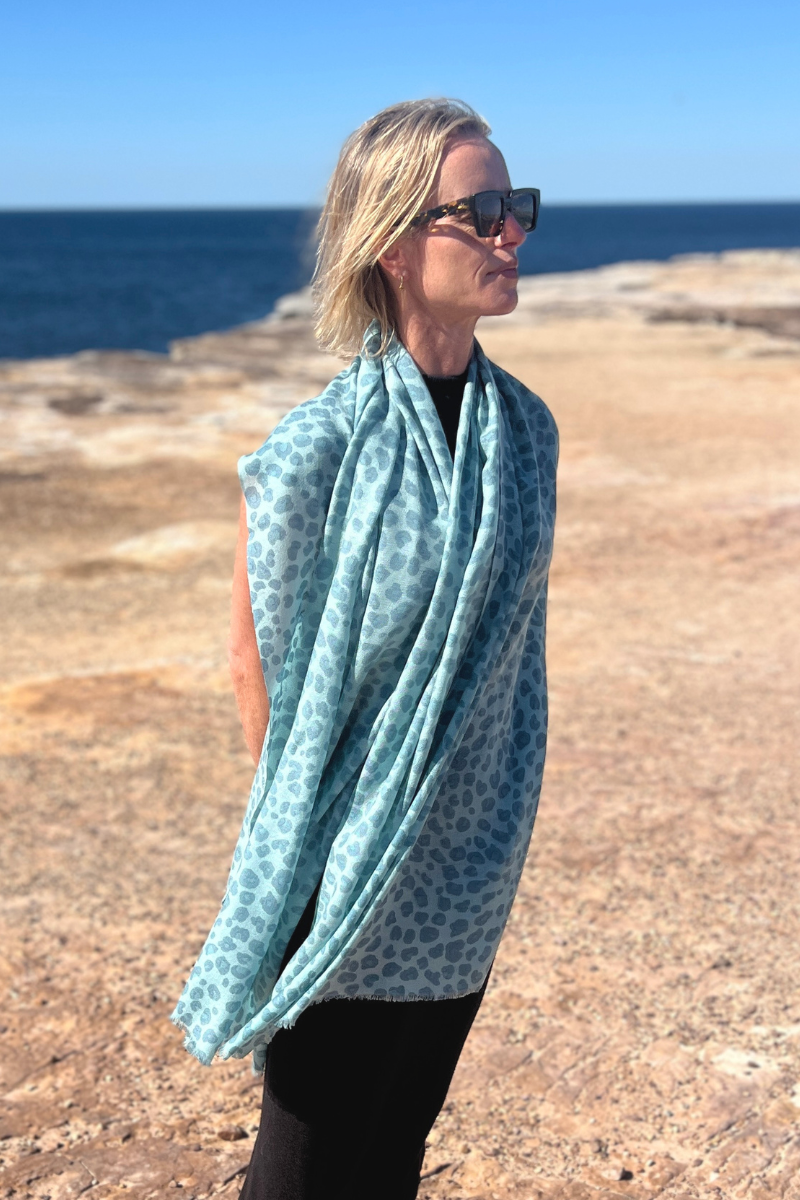 Cashmere Ice Blue Leopard Scarf - Cara Cashmere