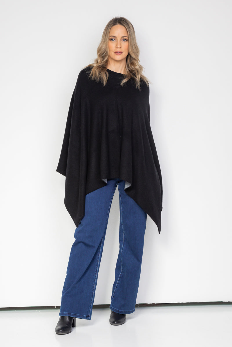 Black and Steel Grey Cashmere Reversible Poncho - Cara Cashmere