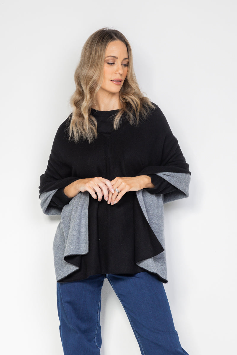 Black and Steel Grey Cashmere Reversible Poncho - Cara Cashmere