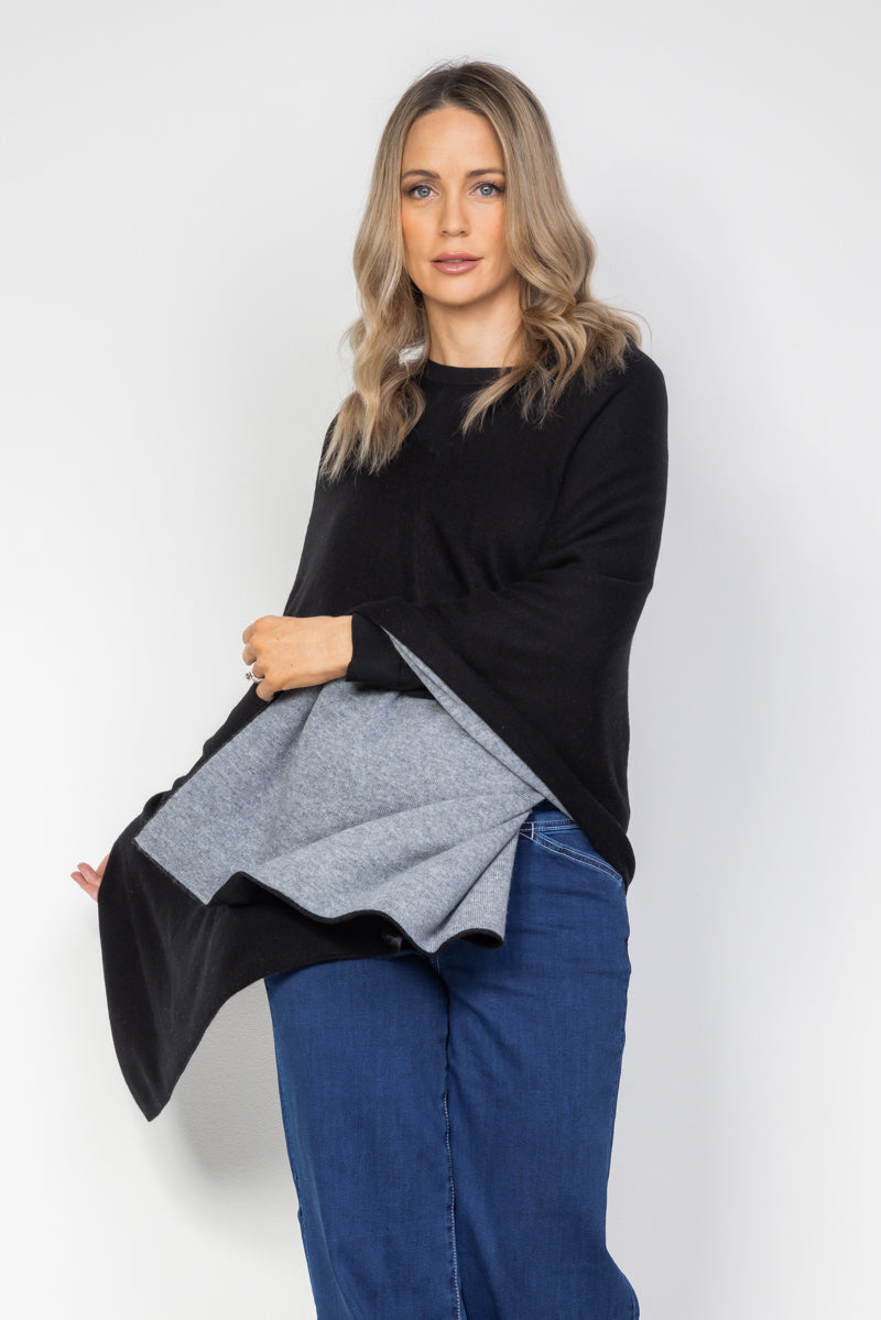 Black and Steel Grey Cashmere Reversible Poncho - Cara Cashmere