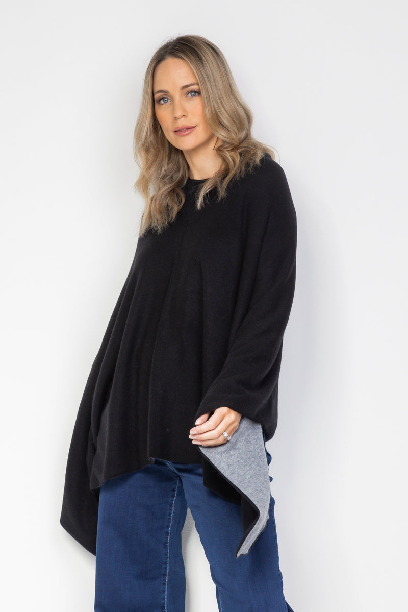 Black and Steel Grey Cashmere Reversible Poncho - Cara Cashmere