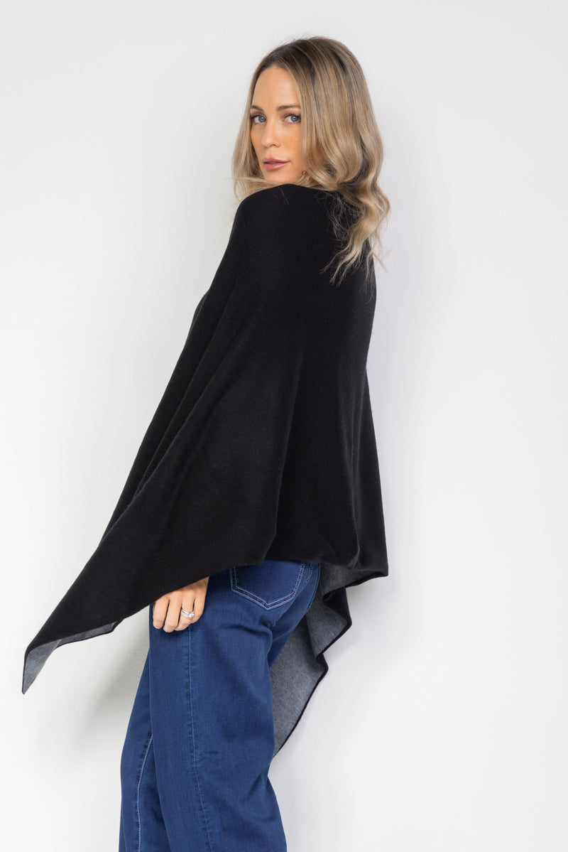 Black and Steel Grey Cashmere Reversible Poncho - Cara Cashmere