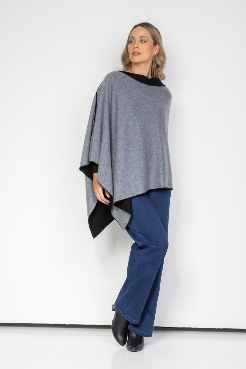 Black and Steel Grey Cashmere Reversible Poncho - Cara Cashmere