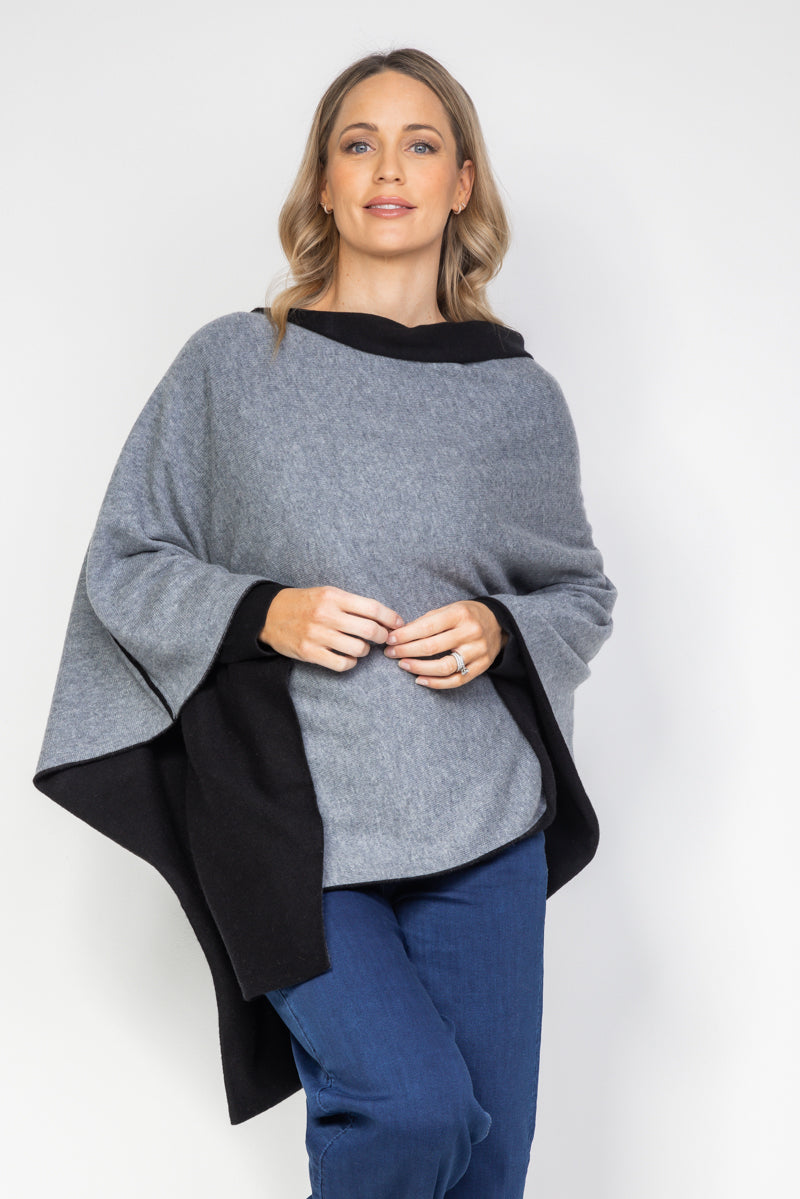 Black and Steel Grey Cashmere Reversible Poncho - Cara Cashmere