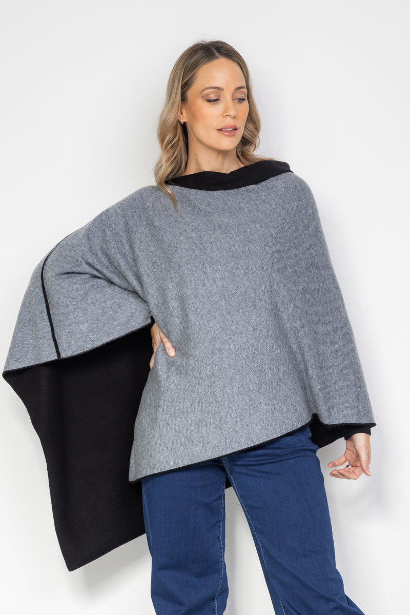 Black and Steel Grey Cashmere Reversible Poncho - Cara Cashmere