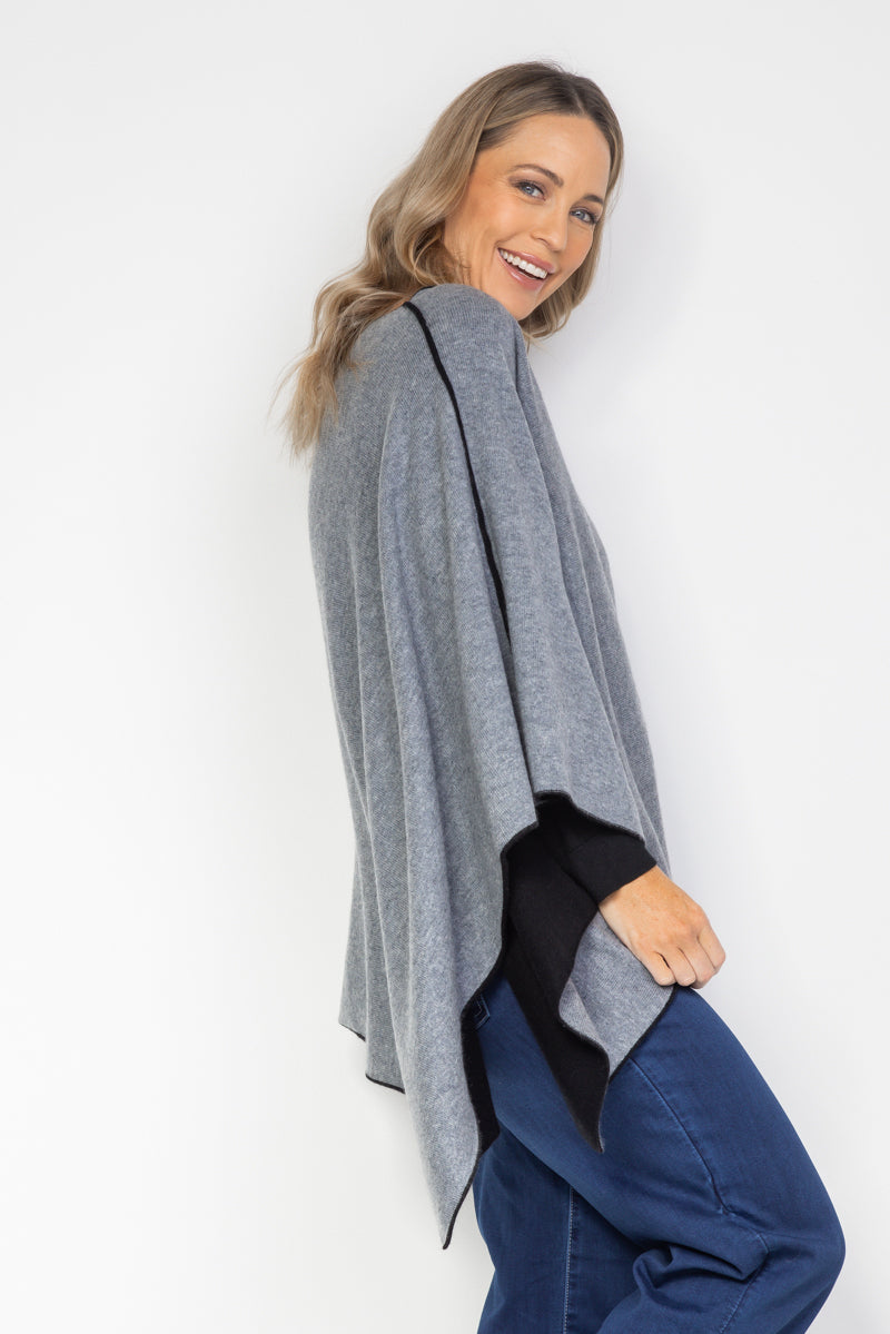 Black and Steel Grey Cashmere Reversible Poncho - Cara Cashmere