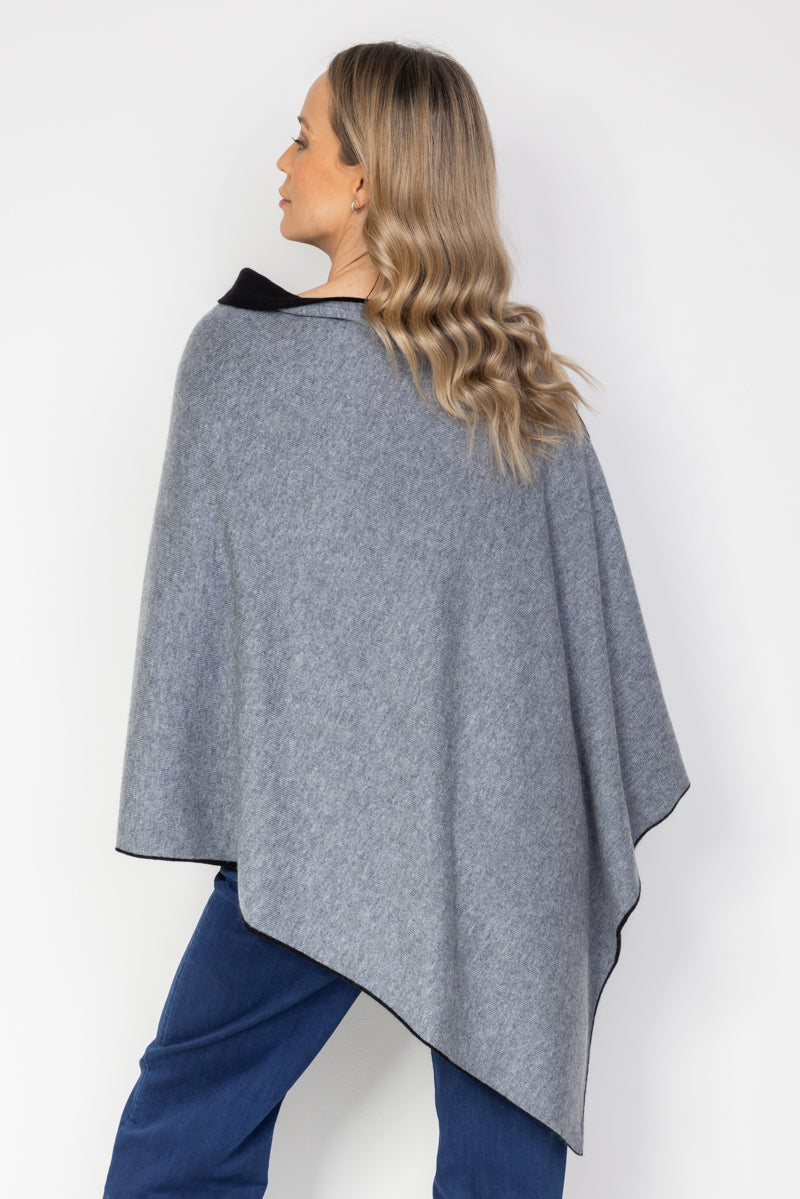 Black and Steel Grey Cashmere Reversible Poncho - Cara Cashmere