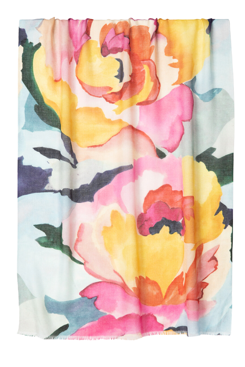 Cashmere Silk Painterly Peony Scarf - Cara Cashmere