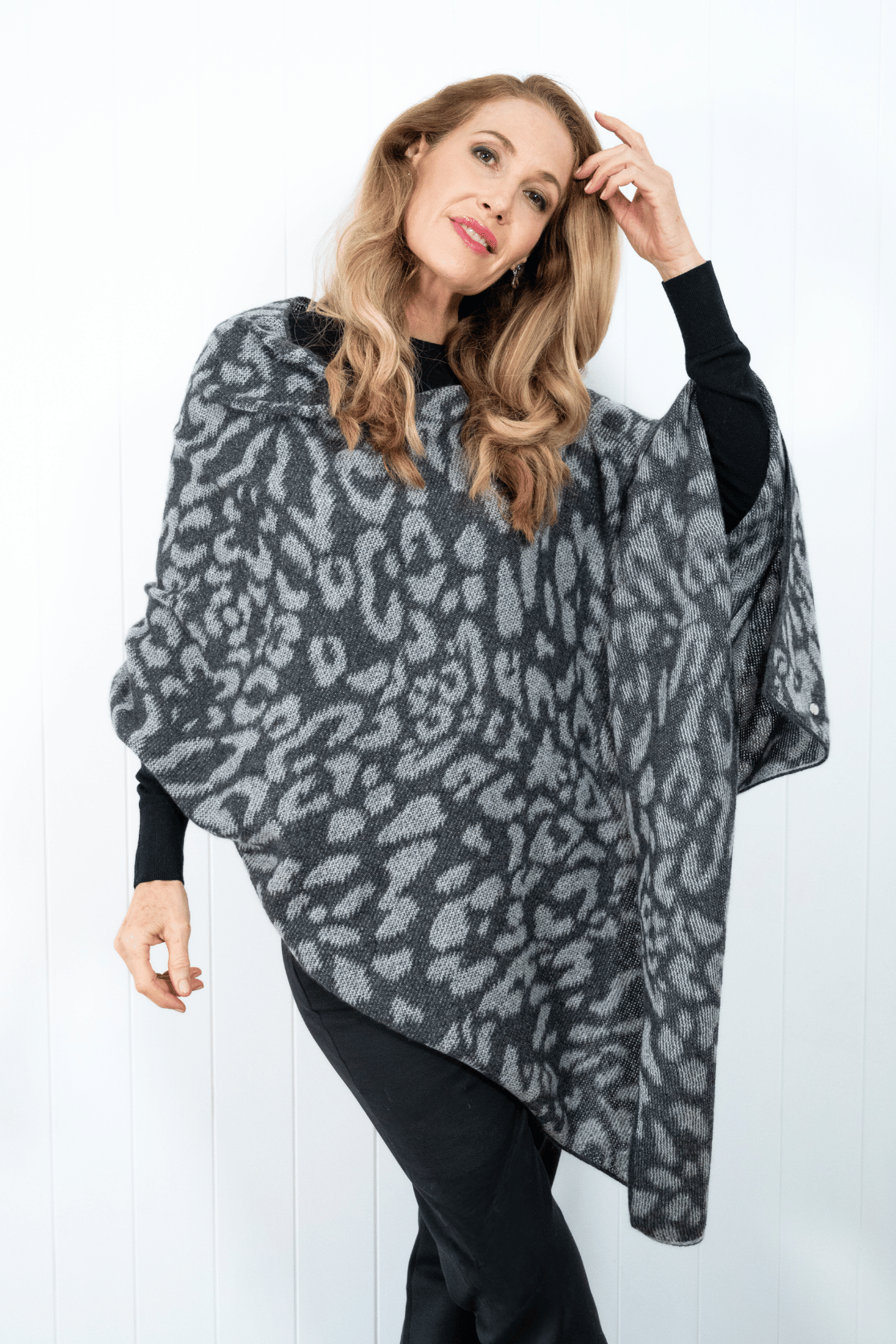 Cashmere Charcoal Leopard Poncho - Cara Cashmere