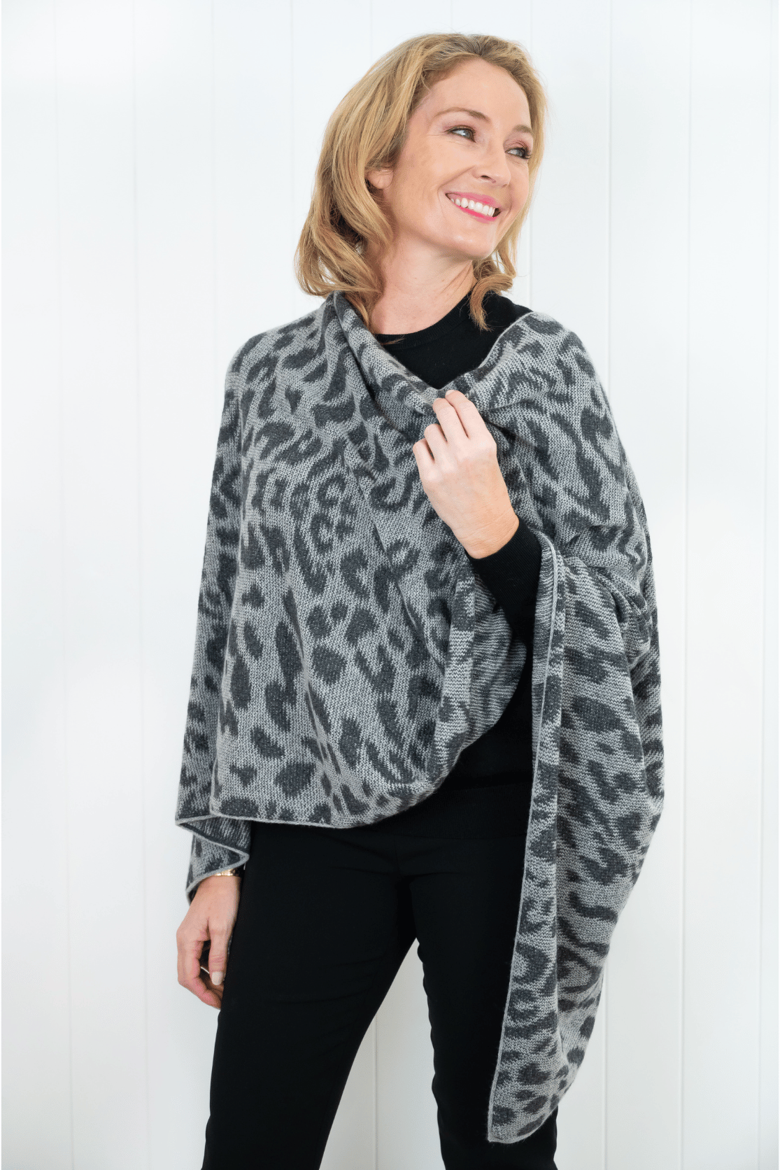 Cashmere Silver Grey Leopard Poncho - Cara Cashmere