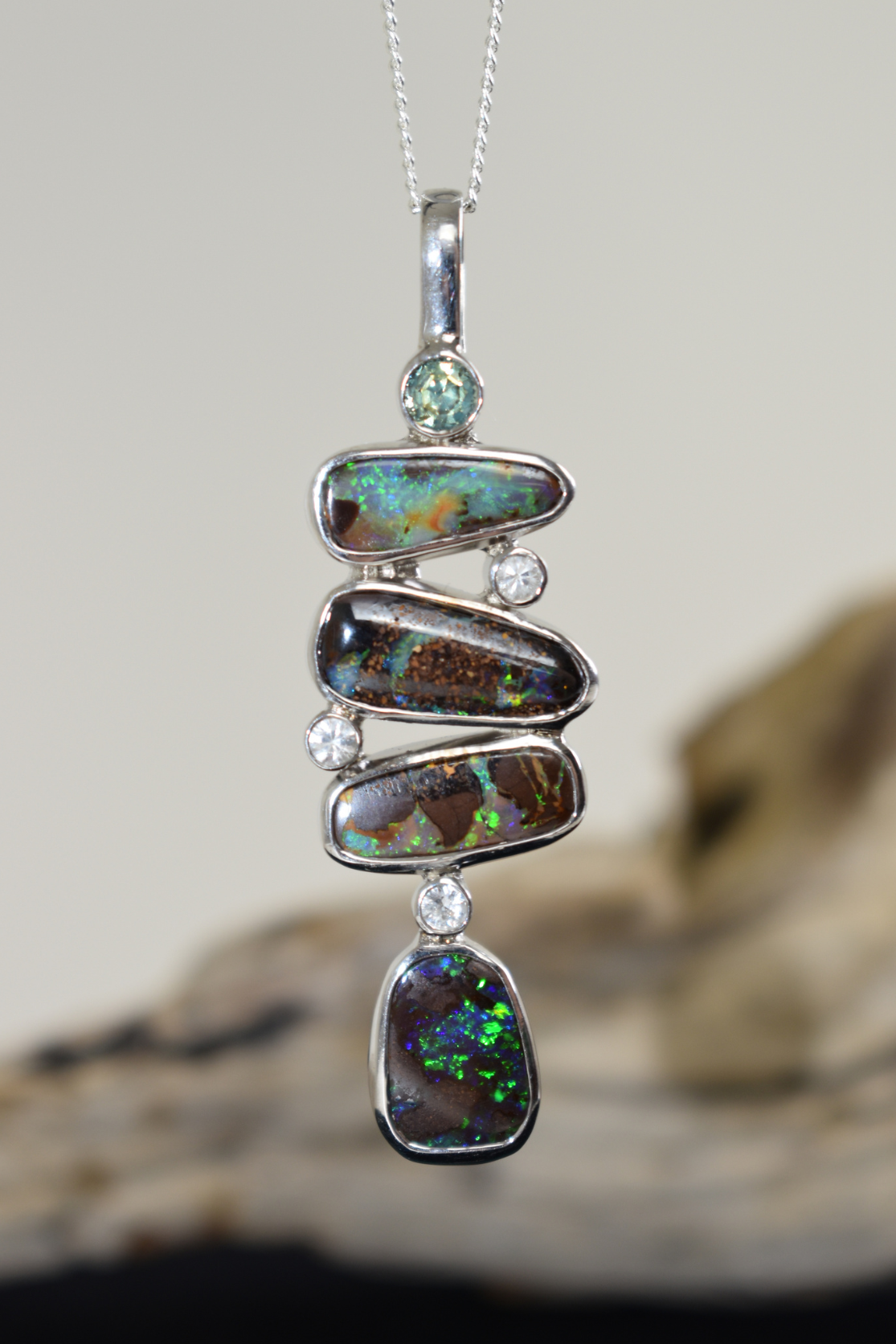 Boulder Opal and Green Sapphire Silver River Pendant - Cara Cashmere