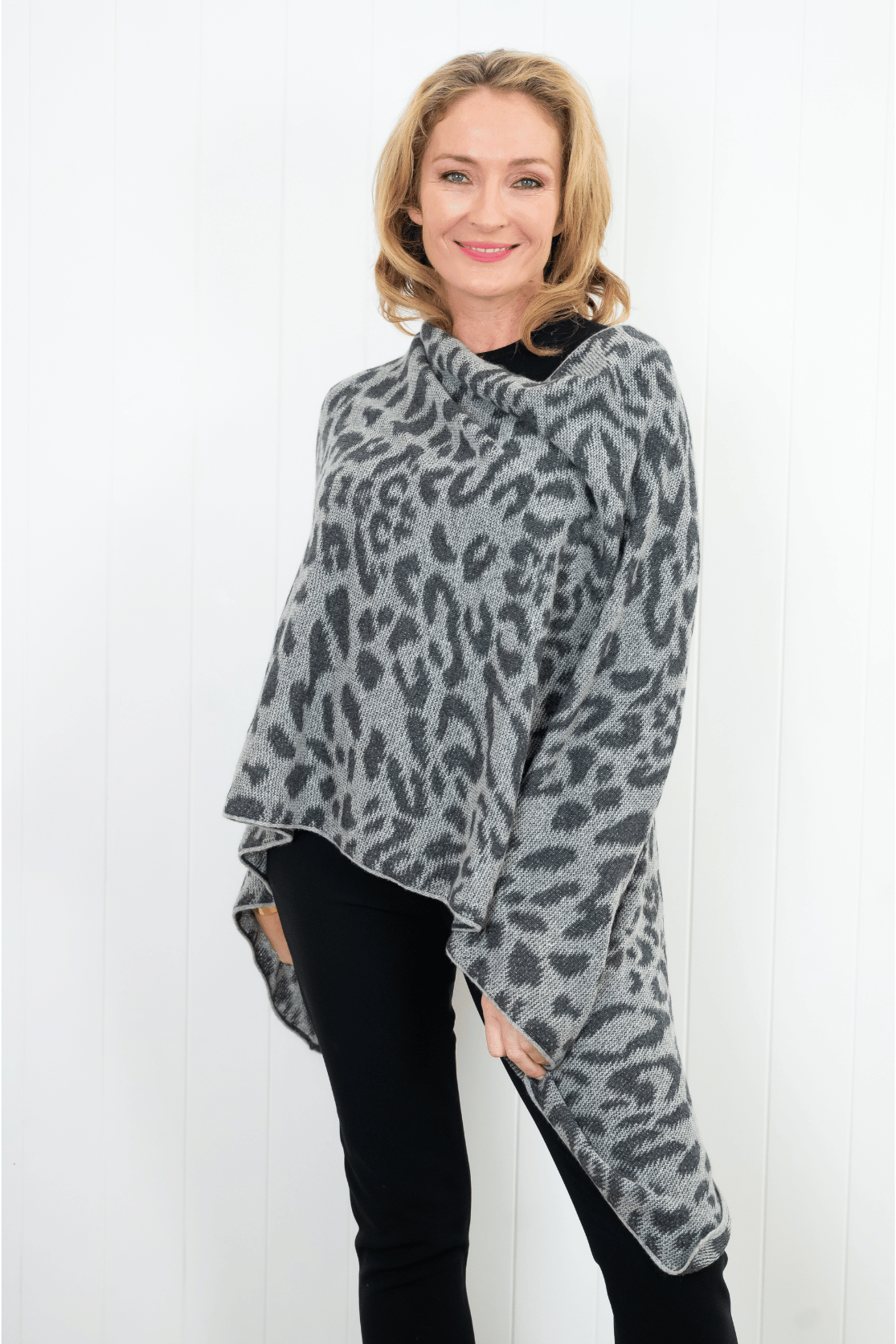 Cashmere Silver Grey Leopard Poncho - Cara Cashmere
