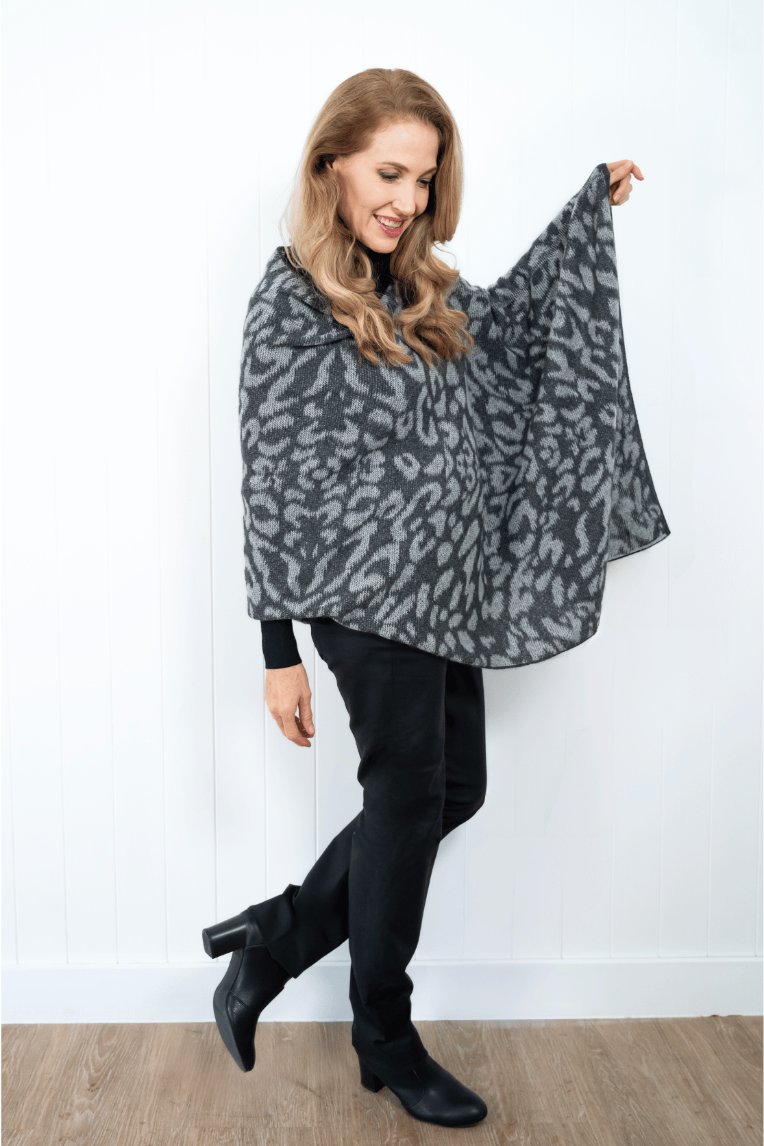 Cashmere Charcoal Leopard Poncho - Cara Cashmere