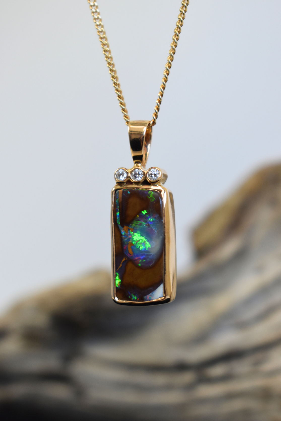 Boulder Opal and Tri Diamond Gold Pendant - Cara Cashmere