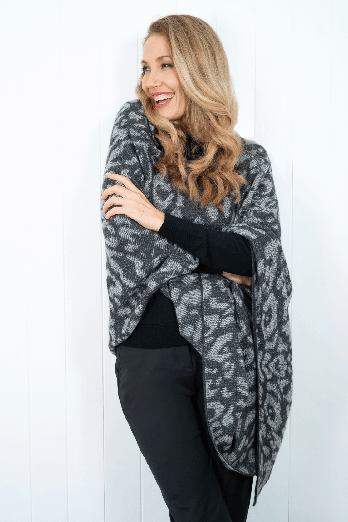 Cashmere Charcoal Leopard Poncho - Cara Cashmere