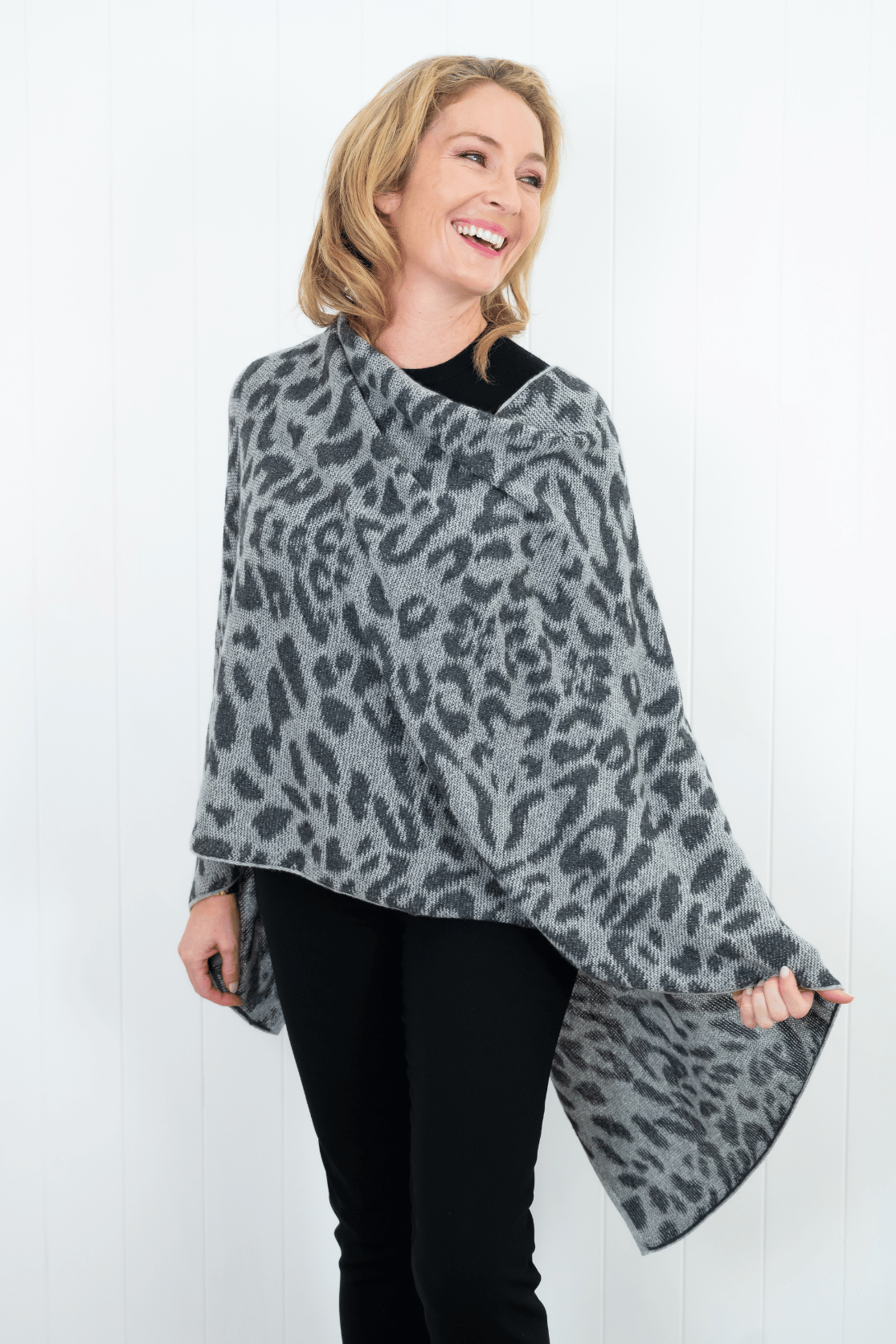 Cashmere Silver Grey Leopard Poncho - Cara Cashmere