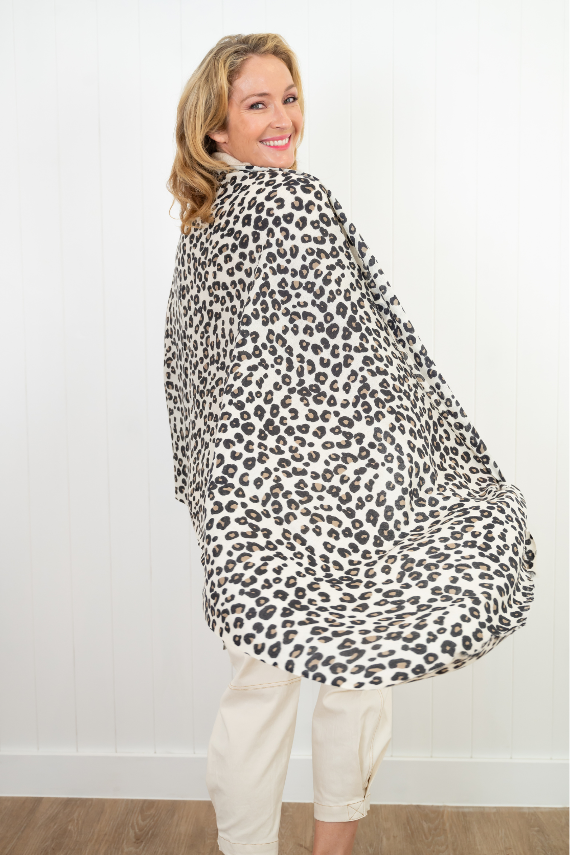 Leopard Cashmere Scarf - Snow - Cara Cashmere