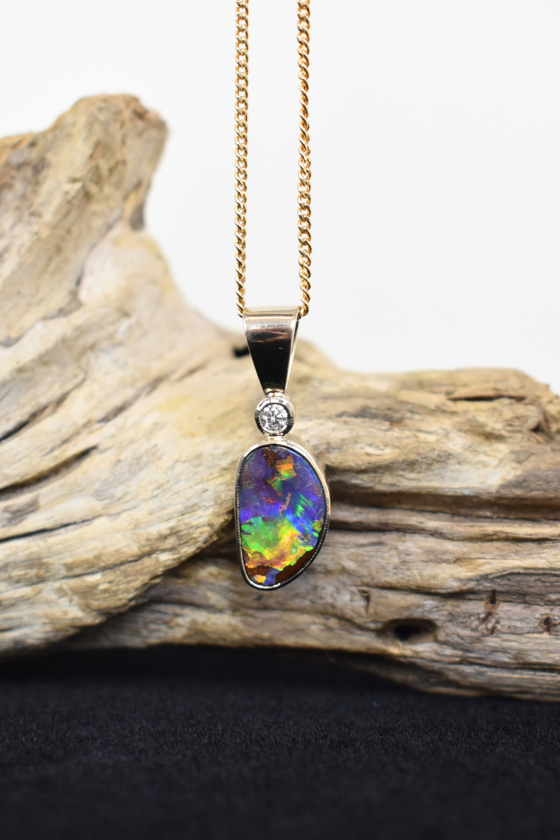 Boulder Harlequin Opal and Diamond Gold Pendant - Cara Cashmere