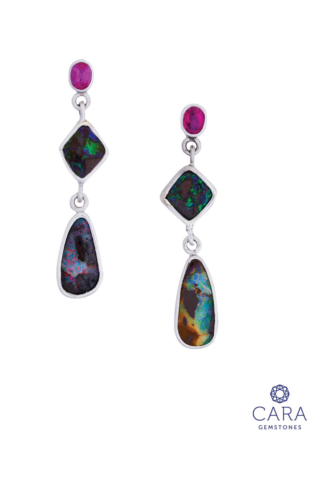 Boulder Opal and Ruby Silver Tier Drop Earrings - Cara Cashmere