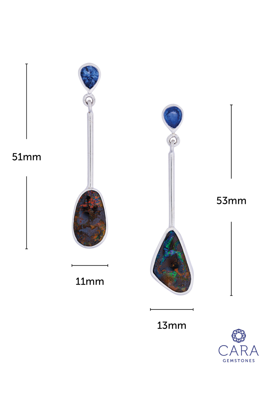 Boulder Opal and Blue Sapphire Silver Long Drop Earrings - Cara Cashmere