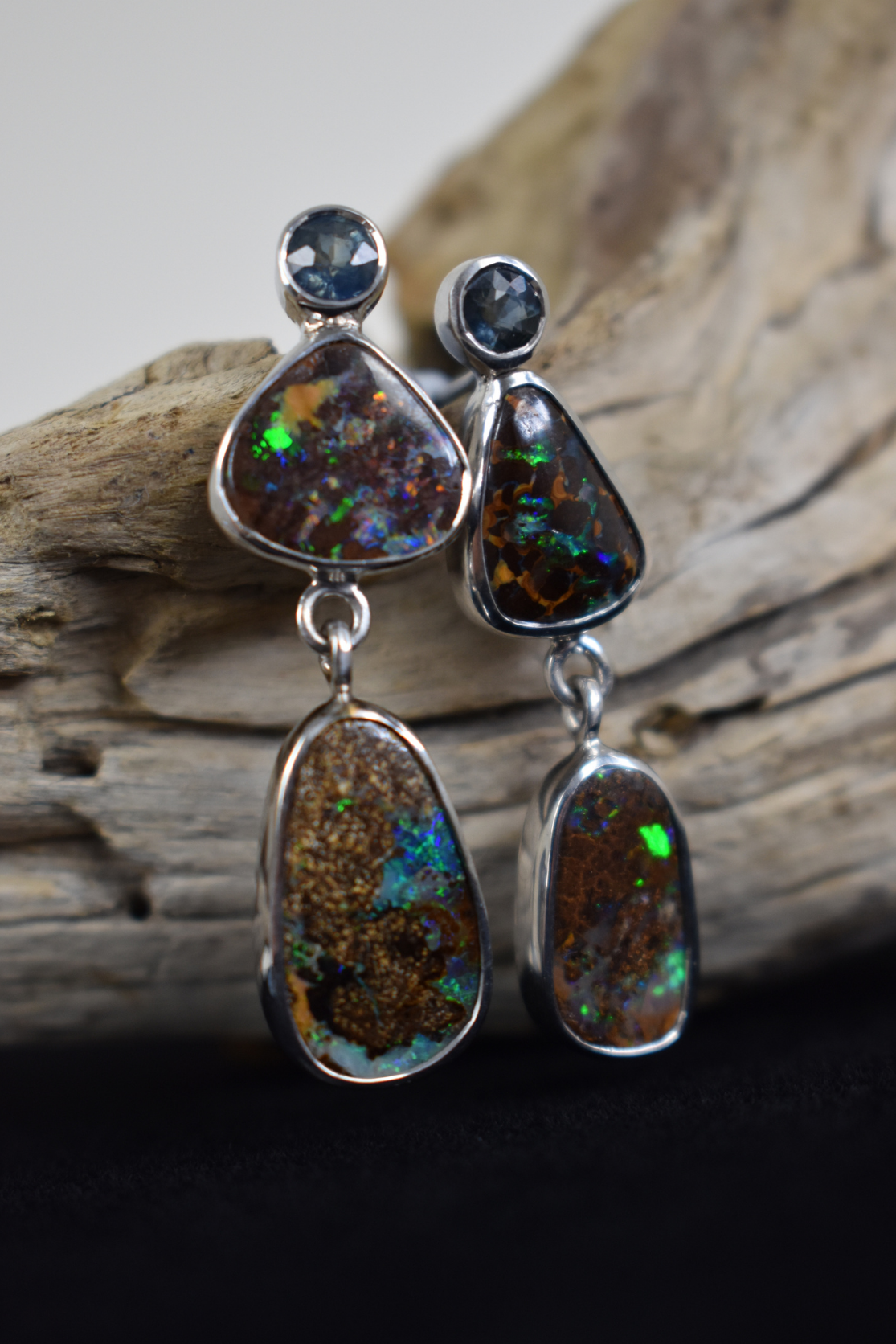 Boulder Opal and Sapphire Silver Triple Drop Earrings - Cara Cashmere