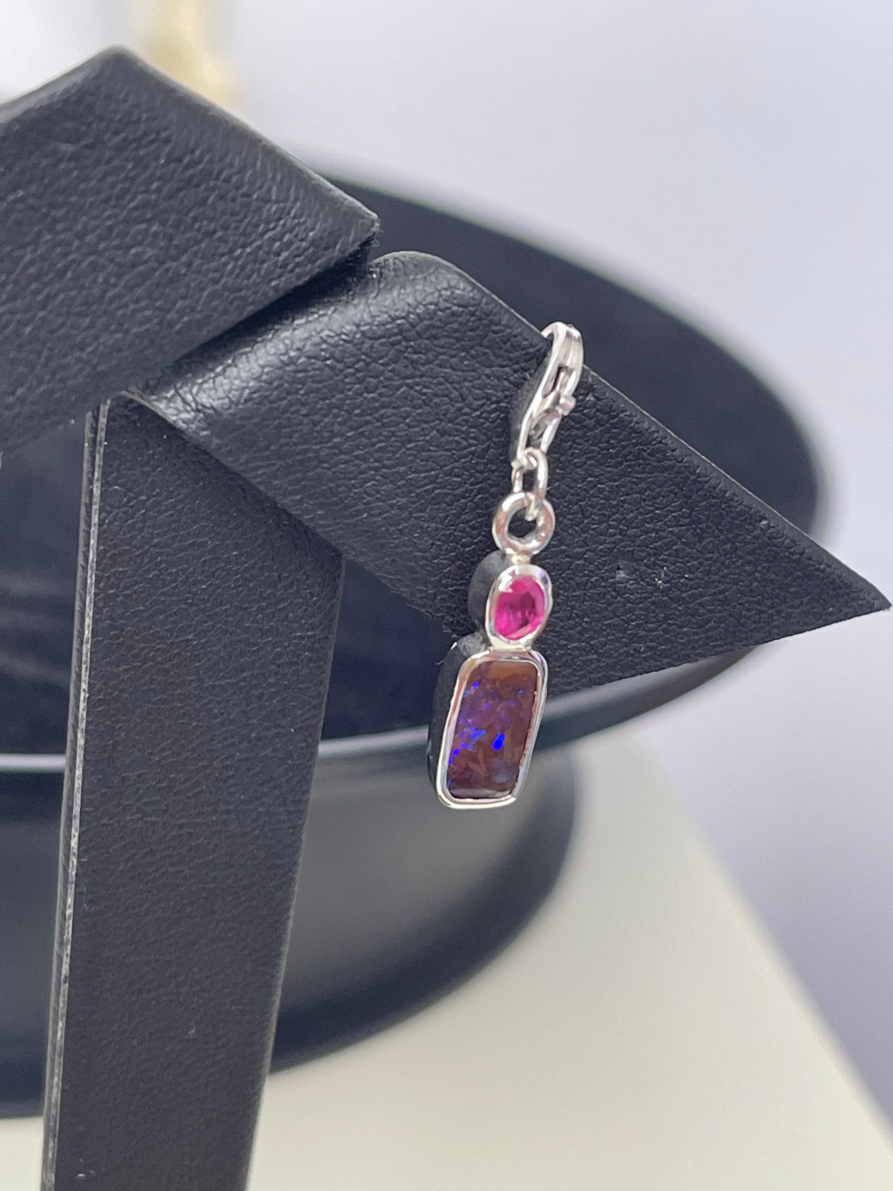 Boulder Opal Electric Blue with Ruby Silver Charm - Cara Cashmere