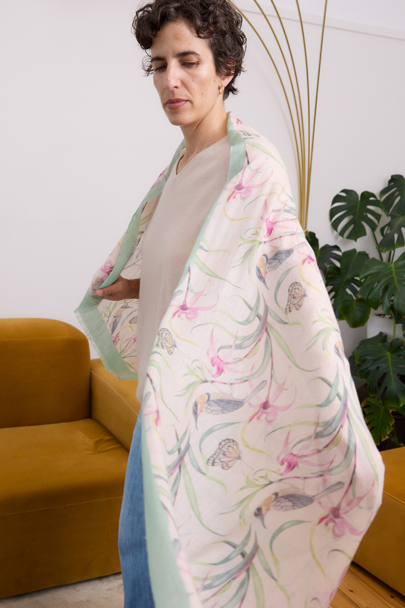 Cashmere Silk  "Eastern Honeyeater and Orchid" Scarf - Cara Cashmere